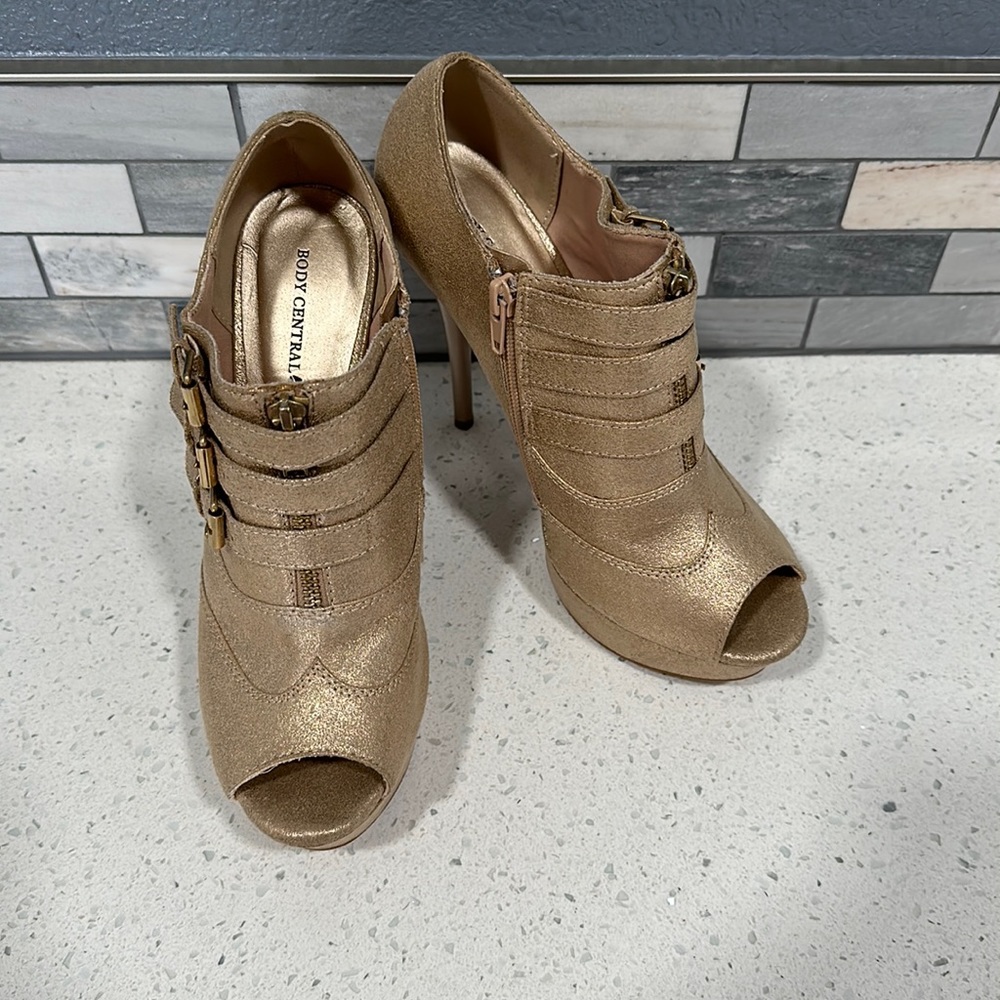 Gold peep toe booties
